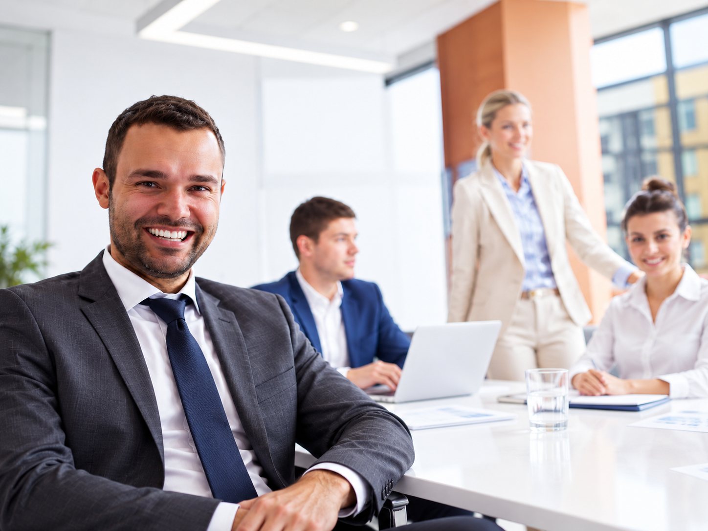 Un homme souriant en costume au premier plan, avec trois collègues derrière lui dans un bureau lumineux.