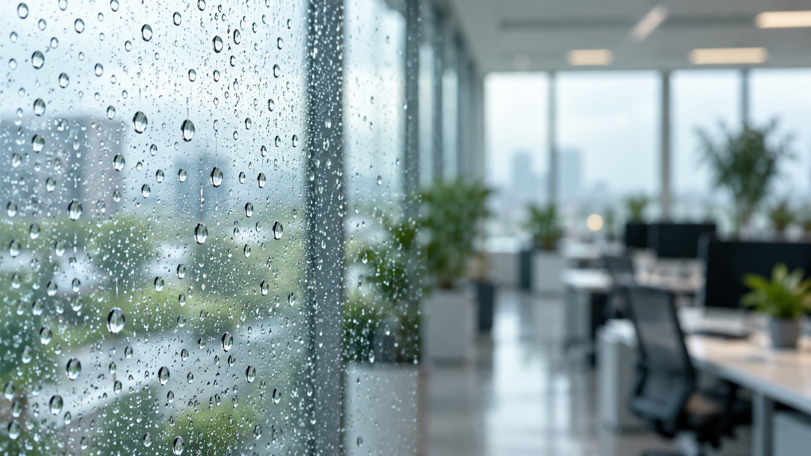 Illustration photographique : une vitre couverte de fines gouttes d’eau devant un bureau lumineux flou.